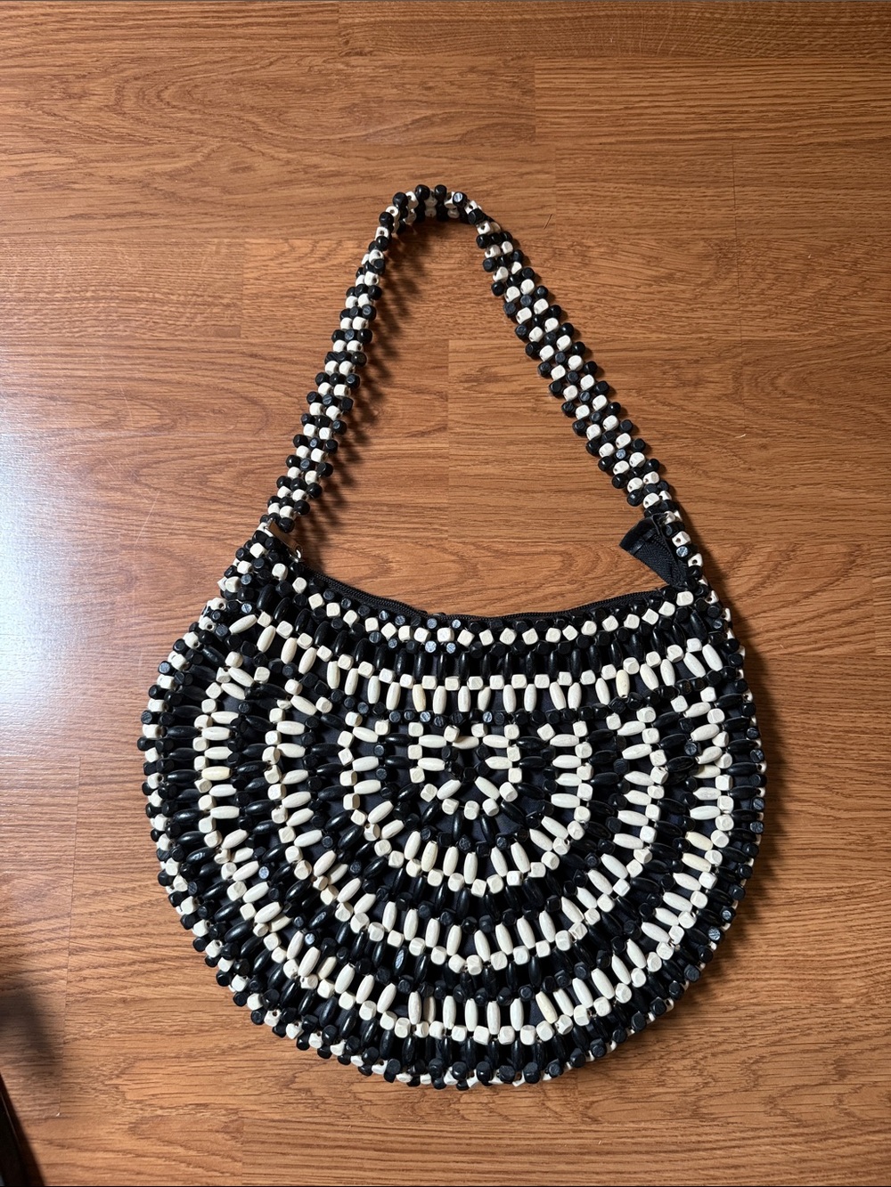 Cato Black and Cream Beaded Crescent Shoulder Bag